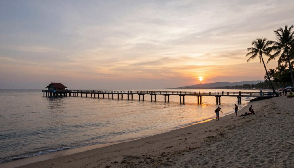 Panorama Pantai Bentar dengan dermaga kayu panjang, salah satu tujuan pariwisata Probolinggo