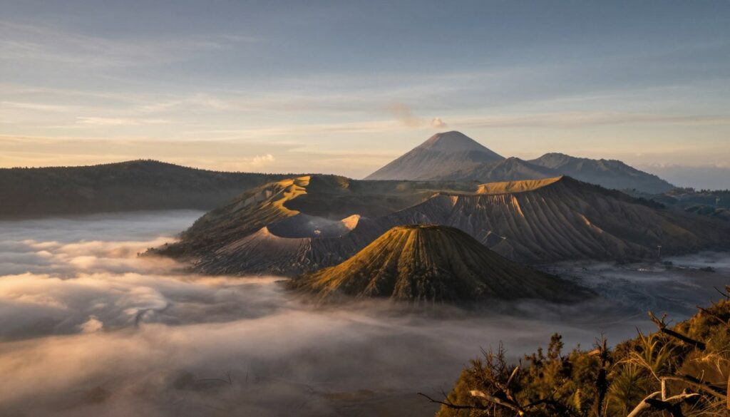 Pemandangan matahari terbit di Gunung Bromo dengan lautan pasir di wisata Probolinggo